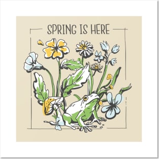 Spring is here , Frog and Flowers  Design Posters and Art